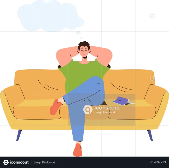 Best Cheerful man sitting on sofa couch and dreaming about happy future