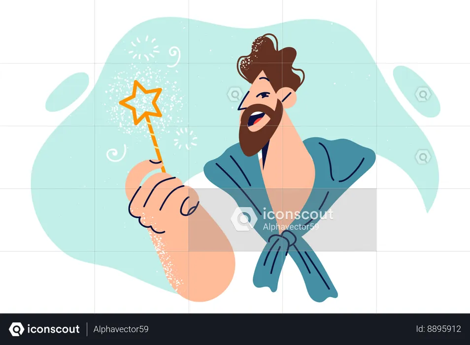 Cheerful man with magic card in hand encourages to make wishes and believe in miracles  Illustration