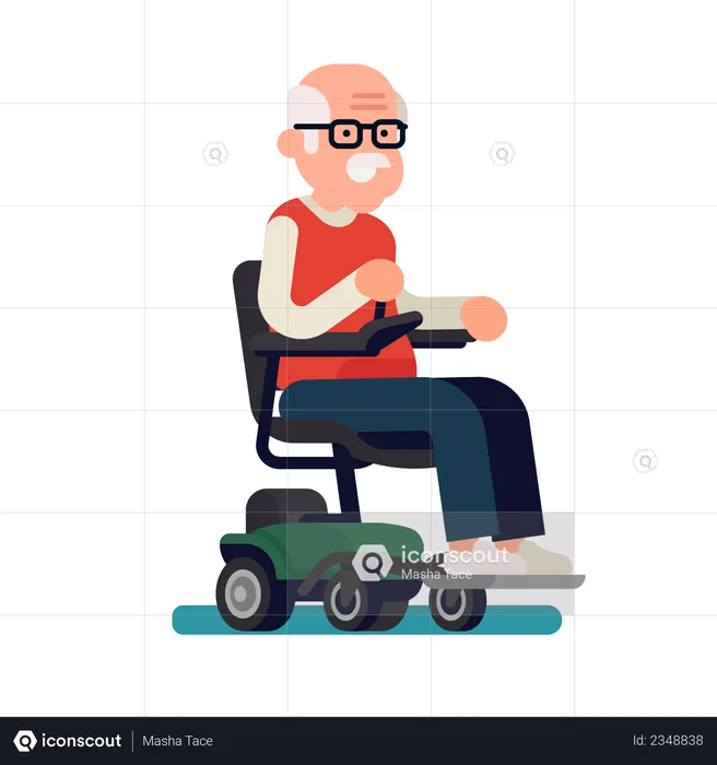 Cheerful old man riding an electric powered wheelchair  Illustration