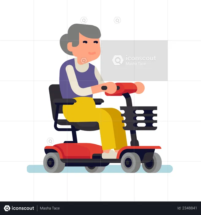 Cheerful old woman riding an electric powered wheelchair  Illustration