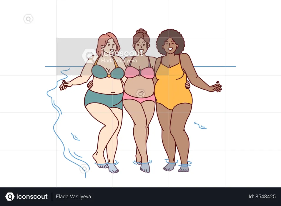 Cheerful plus size women dressed in swimsuit stand hugging on sunny beach near sea water  Illustration