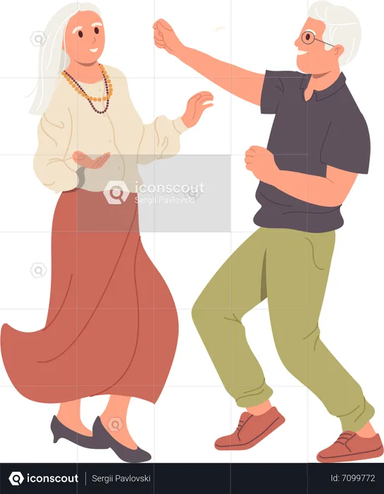 Cheerful retirees senior man and woman dancing moving and shaking body feeling good  Illustration