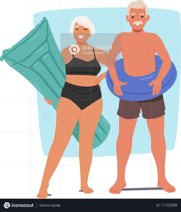 Cheerful Senior Couple In Swimwear and Holding Inflatable Swim Rings  Illustration