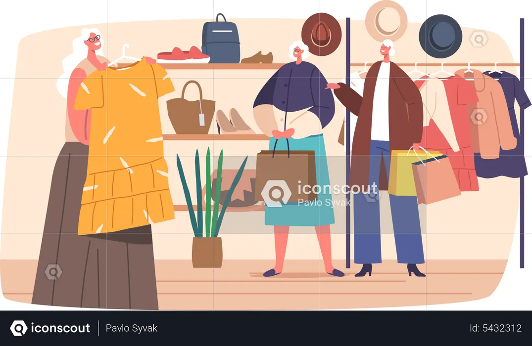 Cheerful Senior Women with Shopping Bags Purchasing Clothes in Mall  Illustration