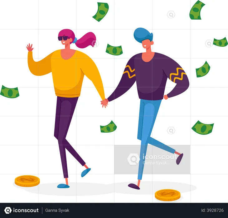 Cheerful Shopaholic Couple with Money Bills Make Purchases and Buy Gifts  Illustration