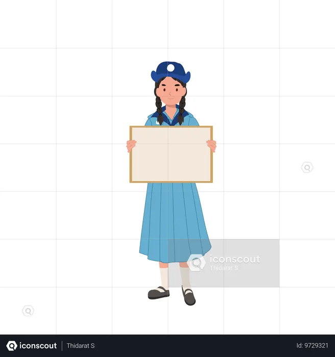 Cheerful Thai Girl Scout Holding Blank Board  Illustration