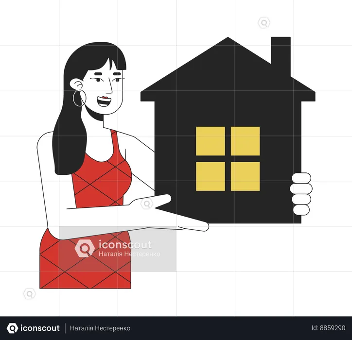 Cheerful woman holding apartment  Illustration