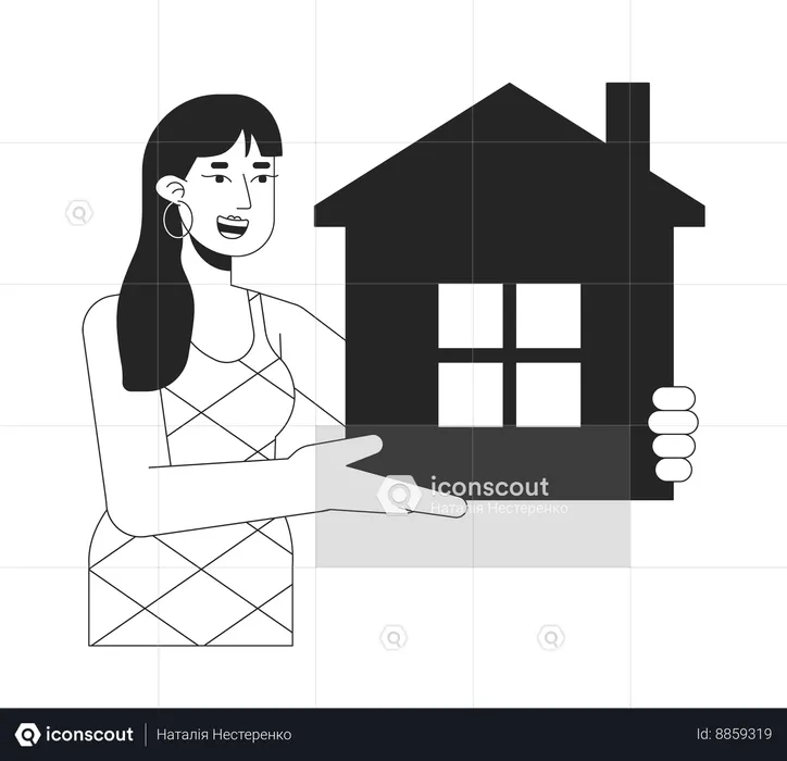 Cheerful woman holding apartment  Illustration