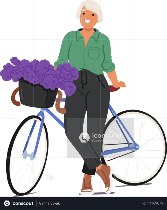 Cheerful Woman Standing With Bicycle That Has Basket Full Of Purple Flowers  Illustration