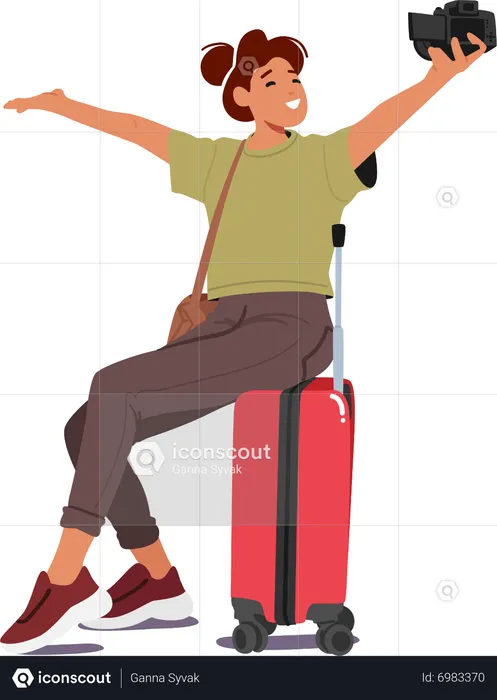 Cheerful Woman Taking Selfie Sitting On Luggage  Illustration