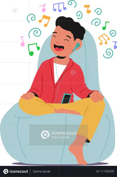 Cheerful Young Boy Wearing Headphones Enjoying Music While Sitting On Bean Bag  Illustration