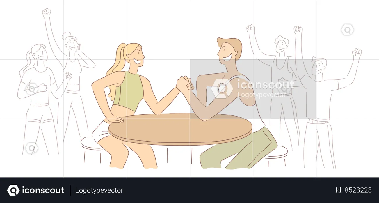 Cheerful Young Girl And Guy Do Arm Wrestling  Illustration