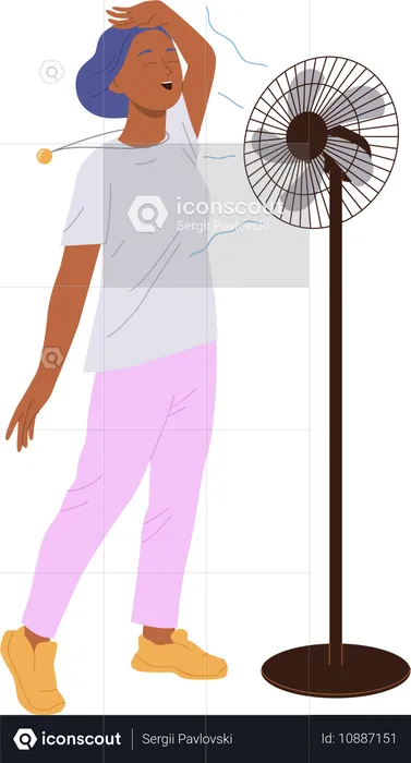 Cheerful young woman cooling off with electric ventilator blower on stand  Illustration