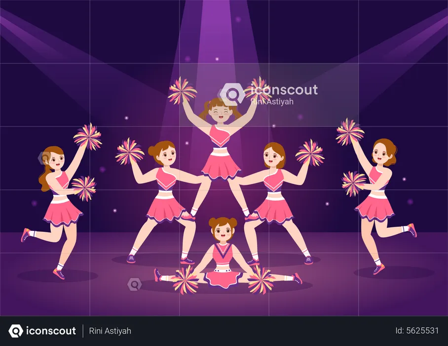 Cheerleader Girls with pompoms doing dance at night  Illustration