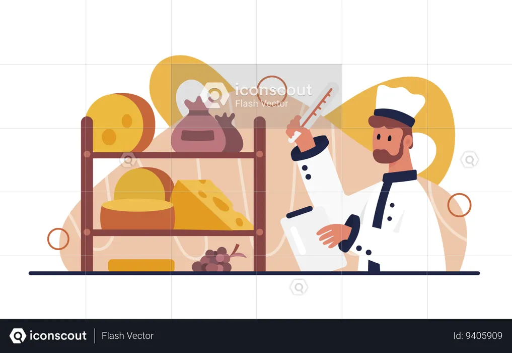 Cheesemaker holding thermometer to control temperature of rack  Illustration