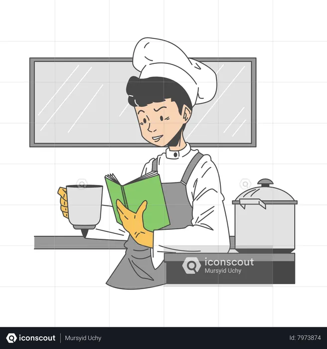 Chef buscando receta  Ilustración