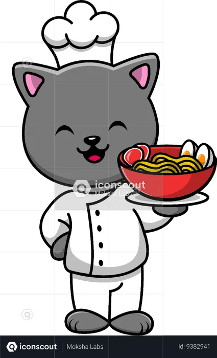 Chef Cat Holding Ramen  Illustration