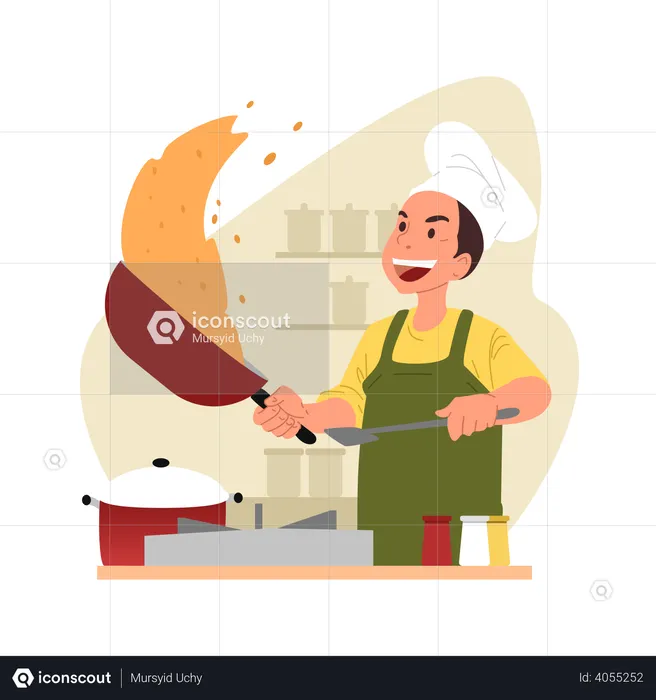 Chef masculino cocinando en la cocina  Ilustración