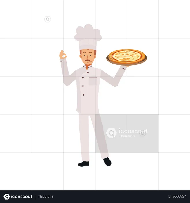 Chef masculino con pizza y gesto ok  Ilustración