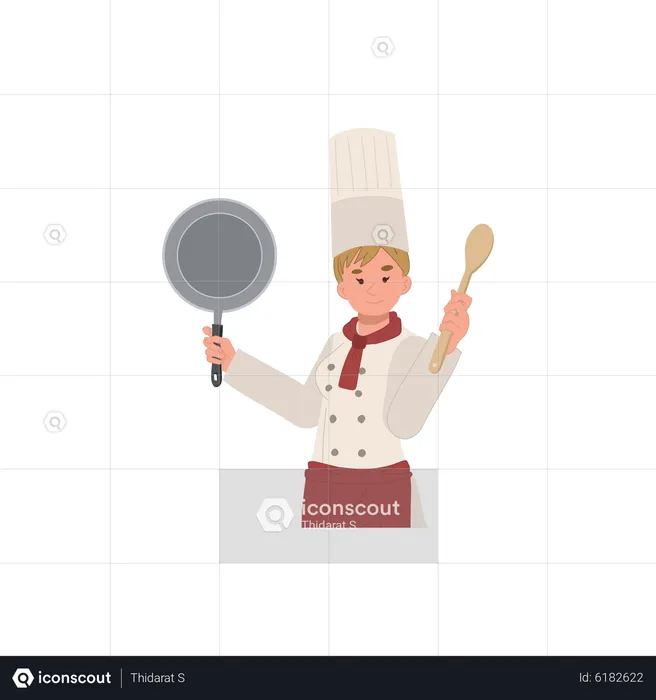 Chef femenina con sartén y cuchara  Ilustración