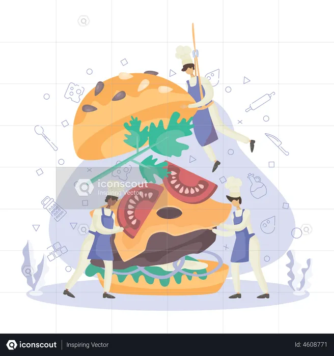 Chef cook tasty hamburger  Illustration
