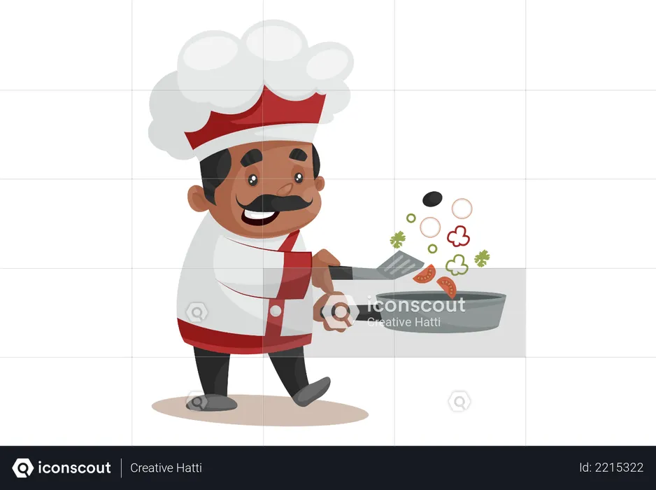 Chef Cooking In Frying Pan  Illustration