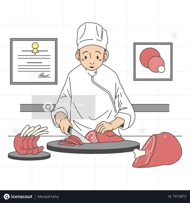 Chef Cooking meat  Illustration