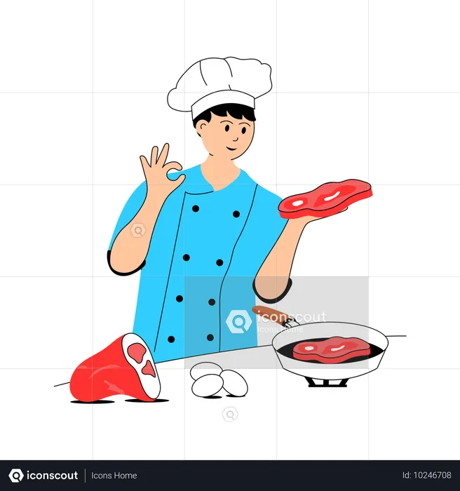 Chef cooking steak  Illustration