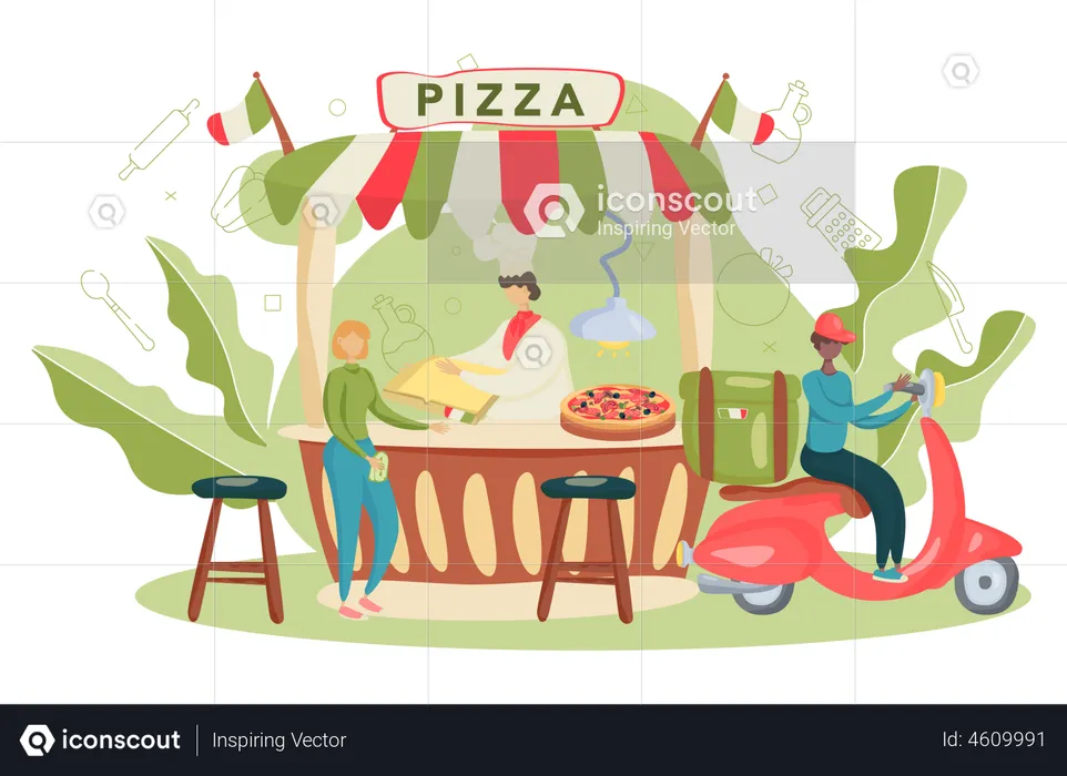 Chef cooking tasty delicious pizza  Illustration