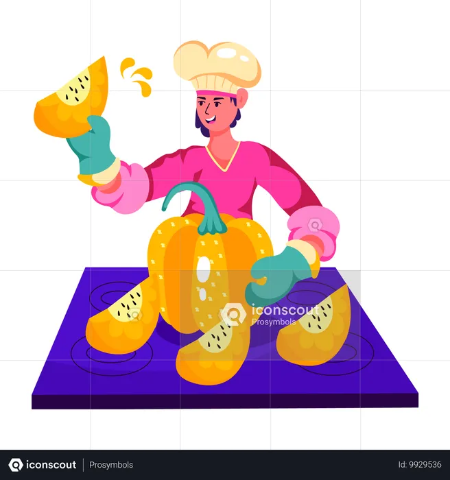 Chef cortando calabaza para ensalada  Ilustración