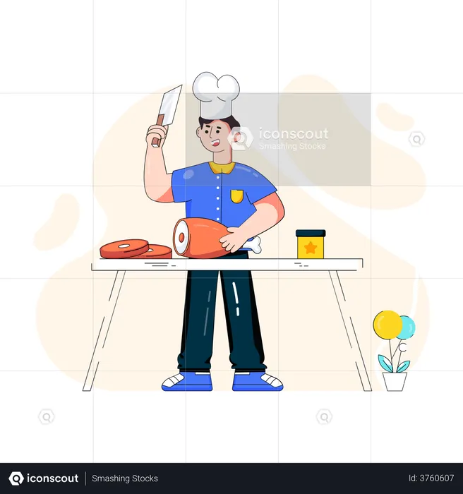 Chef cortando carne  Ilustração