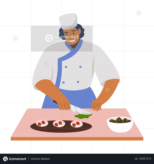 Chef cortando verduras  Ilustración