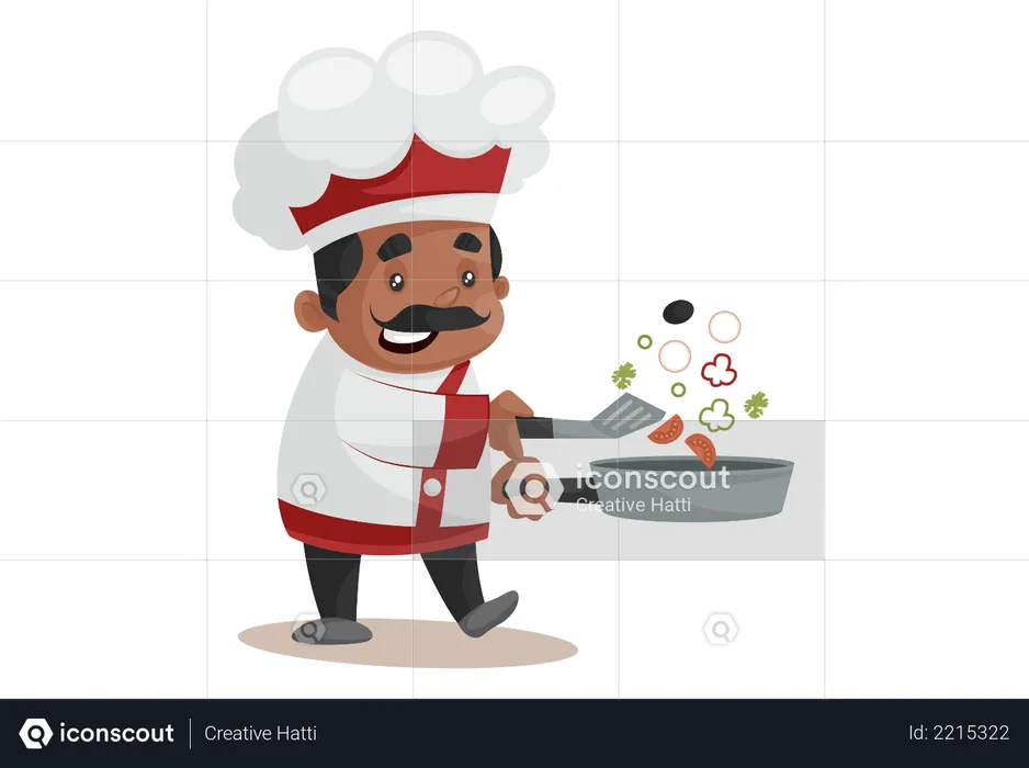 Chef cuisinant dans une poêle à frire  Illustration