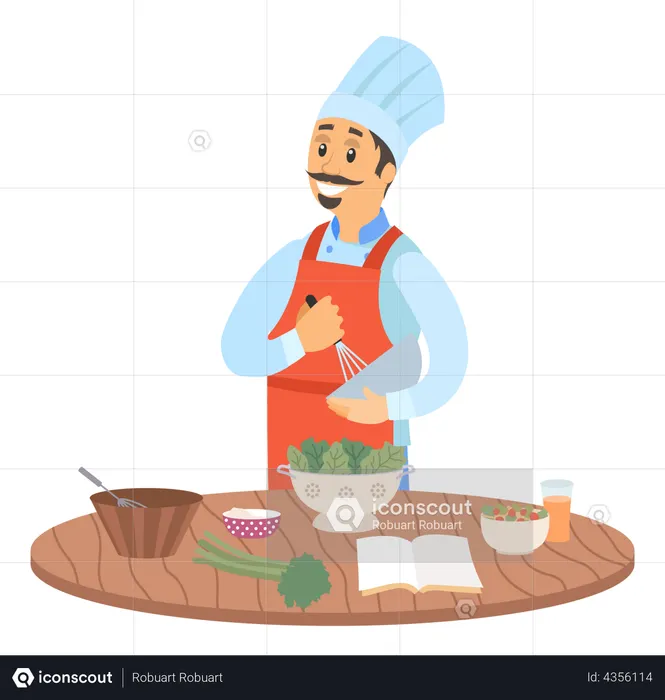 Chef de avental preparando o prato  Ilustração