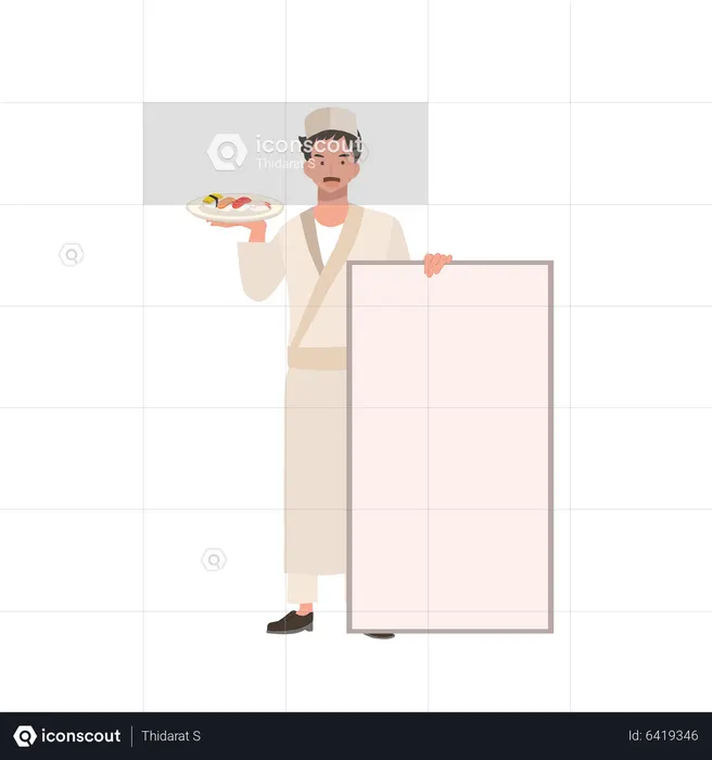 Chef de sushi masculino segurando um prato de variedades de sushi e cartaz  Ilustração