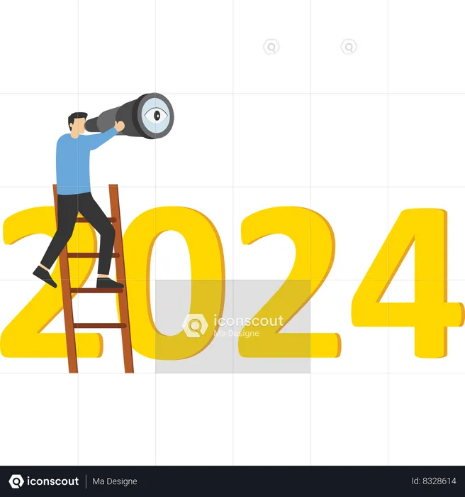 Chef d'entreprise utilisant un télescope pour voir la vision au sommet de l'échelle au-dessus du numéro de l'année 2025.  Illustration