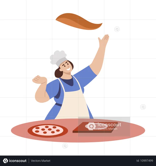 Chef préparant une pizza fraîche à la poêle  Illustration