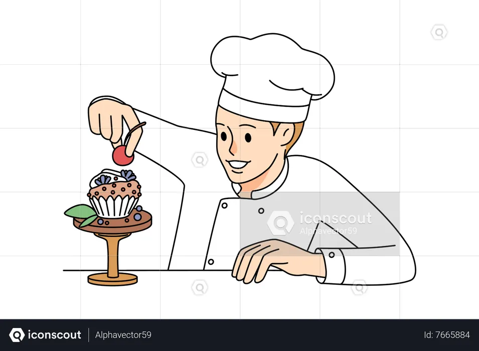 Chef fazendo cupcakes  Ilustração