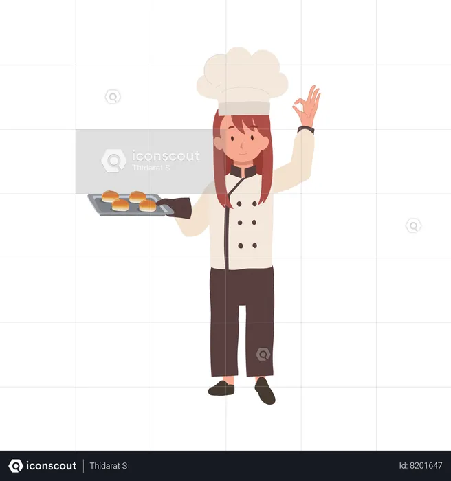 Chef feliz haciendo el signo de mano OK y sosteniendo un panecillo recién horneado en la bandeja en la otra mano  Ilustración