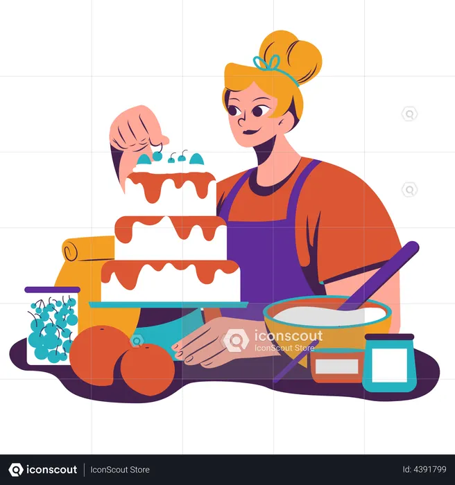 Chef feminina decorando bolo  Ilustração