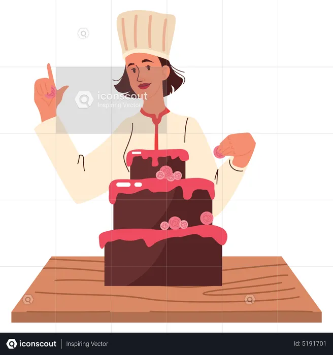 Chef feminina fazendo bolo  Ilustração