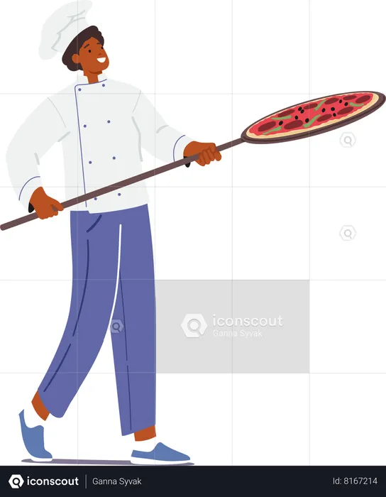 Chef habilidoso equilibra habilmente pizza recém-assada em pá de madeira rústica  Ilustração