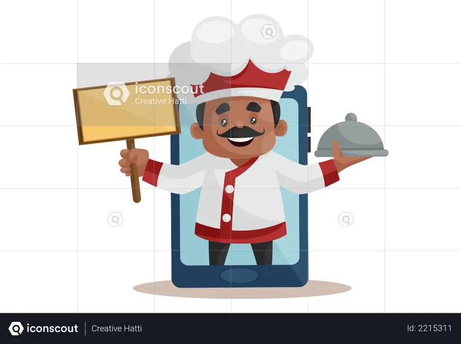 Chef holding board and recipe on mobile Screen as online order Concept  Illustration