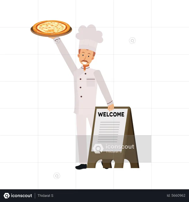 Chef Holding Pizza Dish  Illustration