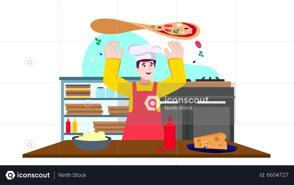 Chef masculino cocinando pizza  Ilustración