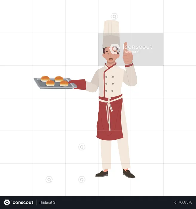 Chef masculino sorridente desistindo do polegar  Ilustração