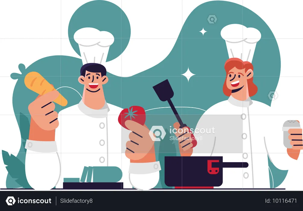 Chef homme et femme cuisinant dans la cuisine  Illustration