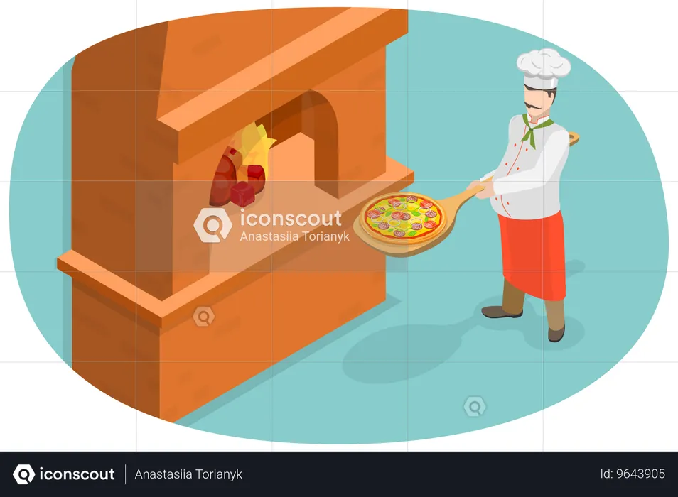 Chef masculin préparant une pizza dans un four en pierre  Illustration