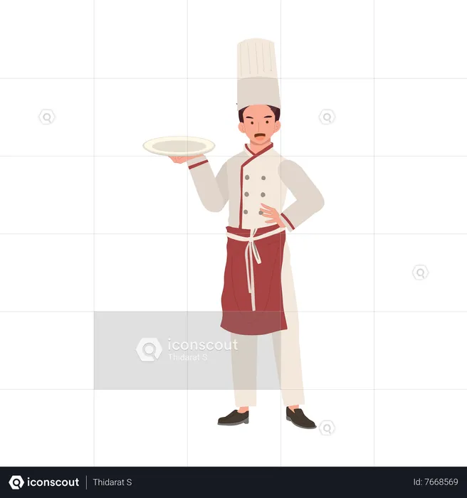 Chef in Hat and Uniform Holding Plate  Illustration