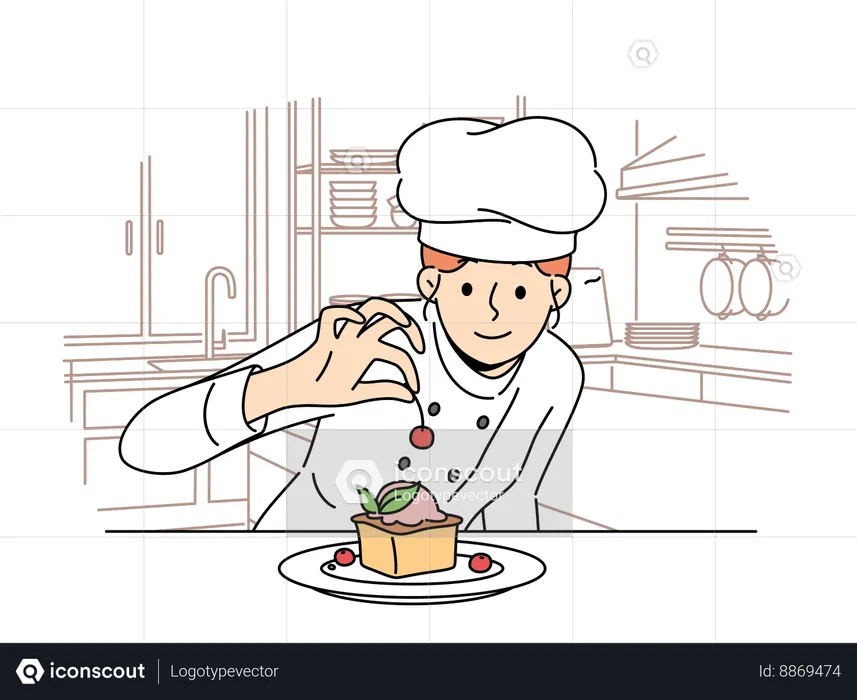 Chef is doing cherry topping on cupcake  Illustration